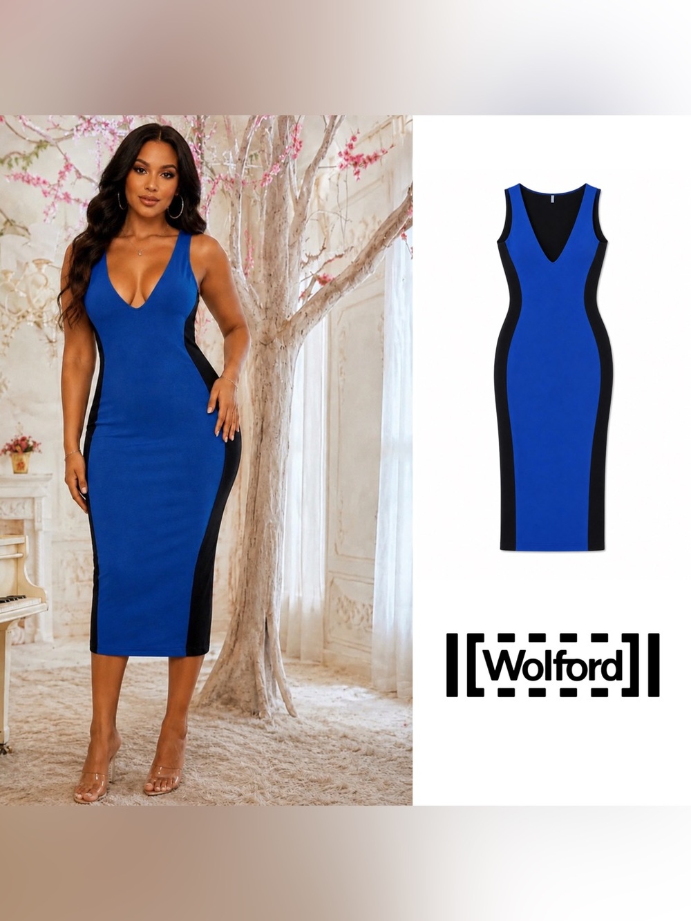 Wolford Royal Blue and Black Contour V-Neck Midi Dress